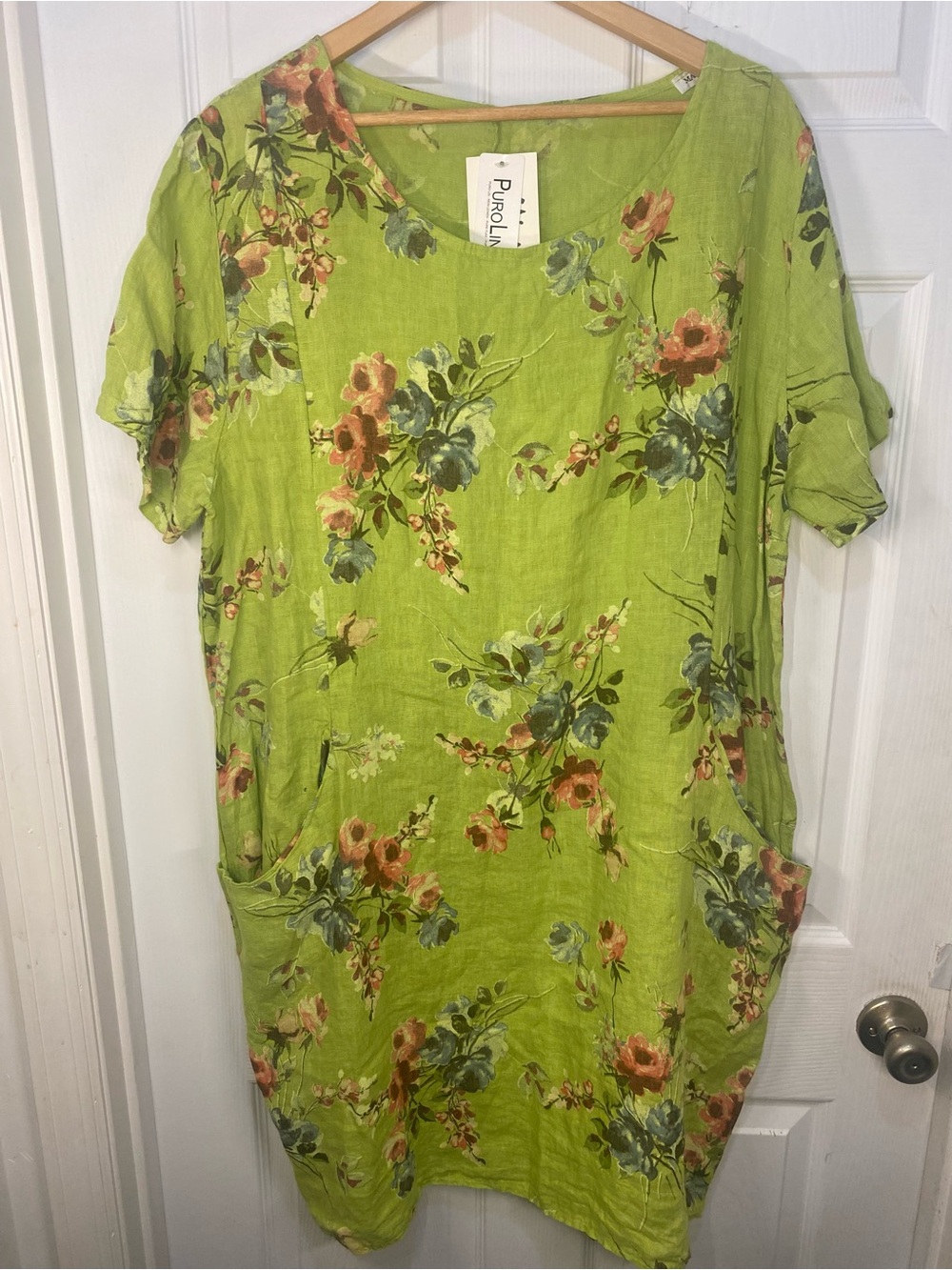Puro Lino NWT XL Oversized Italian Lime Linen Green Floral Midi Dress w Pockets